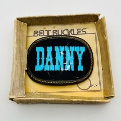 Vintage Danny Name Belt Buckle Blue Western Font Black Oval Rope Border Boxed