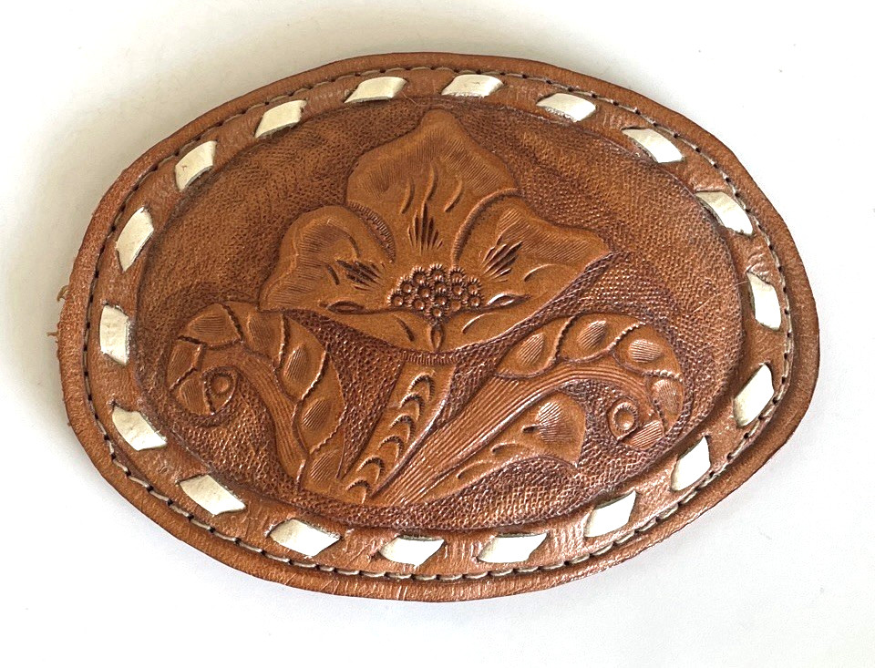 Oval Genuine Floral Leather Belt Buckle Multi-Colored Tan Brown White