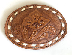 Oval Genuine Floral Leather Belt Buckle Multi-Colored Tan Brown White