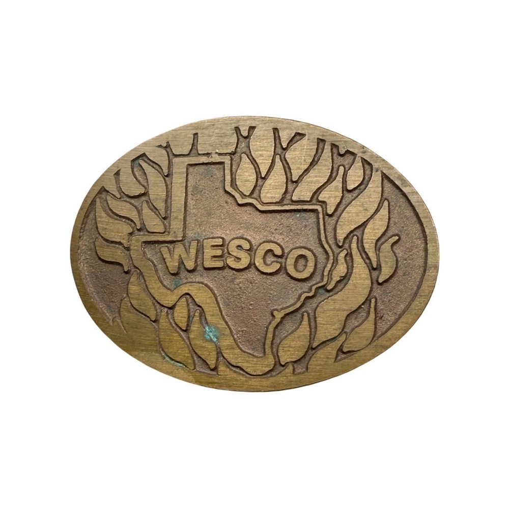 Vintage Wesco Texas State Embossed Solid Brass Oval Belt Buckle Western Patina