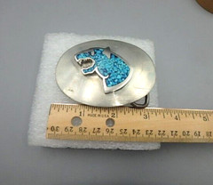 Vintage inlaid chipped turquoise raised Jaguar head belt buckle