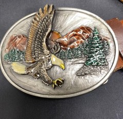 SISKIYOU Buckle Co Enamel Eagle VTG 1982 pewter Belt Buckle & Homemade Belt