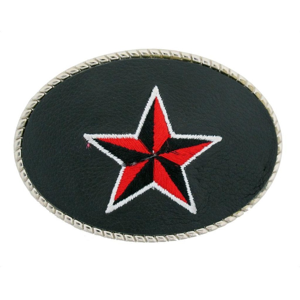 Black & Red Embroidered Nautical Star Belt Buckle Faux Leather Silver Metal Rock