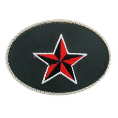 Black & Red Embroidered Nautical Star Belt Buckle Faux Leather Silver Metal Rock