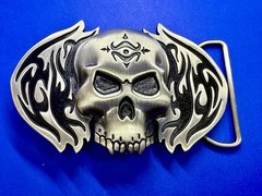 Skull with Flames Cutout Silver & Black Color Silver Moon Creations Belt Buckle