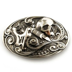 German silver belt buckle tattooist with skull, Tattoo machine, Skull buckle