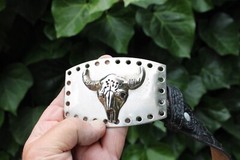 Silver Toned Metal Bull Steer Cow Head Face Belt Buckle & Leather Belt