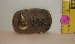VINTAGE ADVERTISING ENERGY OIL, INC BRASS BELT BUCKLE A26 MADE IN USA