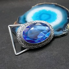 Blue Sapphire Belt Buckle Silver Plated Filigree Western Boho Statement Men