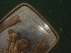 Vintage Nickel Silver Western Bull Riding Belt Buckle Silver Gold Floral 4&Prime;x3&Prime;