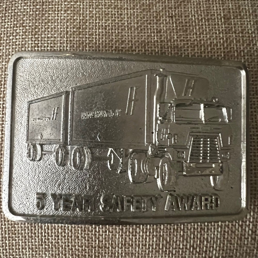 Vintage H-F Logistics Semi Truck 5 Year Safety Award Belt Buckle Silver Workwear