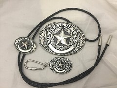 3 piece box set Great Seal of Texas Buckle Belt Buckle, Bolo & Key Ring Silver