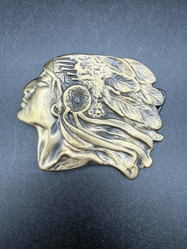 Vintage Native American Indian Chief Brass Tone Belt Buckle