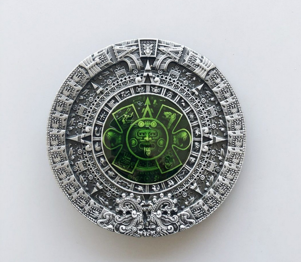 Aztec Mayan Calendar Green Enamel Metal Fashion Belt Buckle