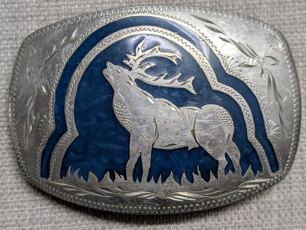vintage ELK belt buckle HANDCRAFTED german silver WESTERN inlay ENGRAVED cowboy