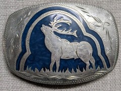 vintage ELK belt buckle HANDCRAFTED german silver WESTERN inlay ENGRAVED cowboy