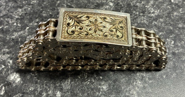 Vintage 32&Prime; Long Chrome Motorcycle Chain Belt Etched Buckle