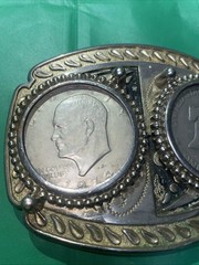 DOUBLE SILVER DOLLAR COINS BELT BUCKLE 1974