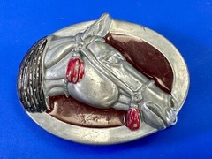 Raised Horse Head Vintage Cowgirls Red Enamel Accents Belt Buckle