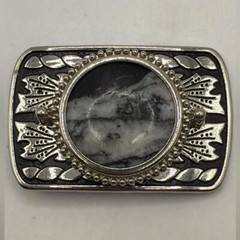 Vintage Silver Tone Black Belt Buckle Marble Stone Design Western Engraved