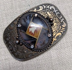 vintage HANDCRAFTED gold inlay GEMSTONE agate quartz WESTERN belt buckle COWBOY