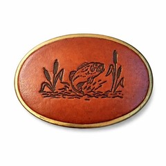 Vintage 70s Fishing Belt Buckle Brass Fish Scene Made USA Western Resin Inlay