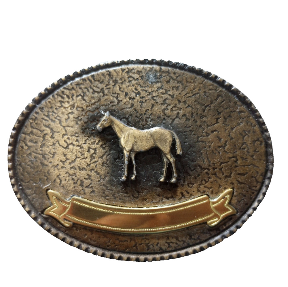 Vtg Western Horse Belt Buckle Blank Trophy Ribbon W Maker Mark Oval Brass Tone