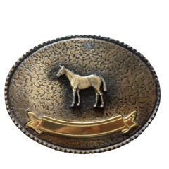 Vtg Western Horse Belt Buckle Blank Trophy Ribbon W Maker Mark Oval Brass Tone