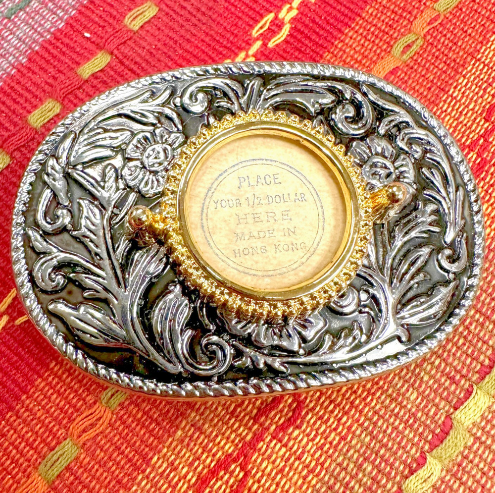 Vintage Half Dollar Coin Belt Buckle NOS DEADSTOCK 70s Silver Tone Black