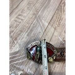 Vintage 1983 Siskiyou Square Dancing Belt Buckle with Tooled Leather Belt Brown