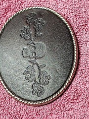 Skull With Roses & Brambles Belt Buckle on Stamped Black Leather 3.75&Prime; x 3&Prime;