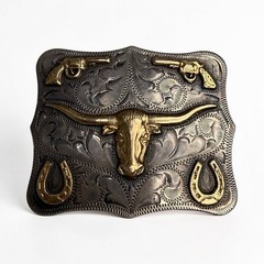 14K Gold Chet Vogt Maker Mexico Sterling Silver Longhorn Steer Belt Buckle