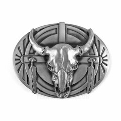 Tribal Steer Skull Head Feathers Belt Buckle Antique Silver Tone Fits 1.5&Prime; Belts