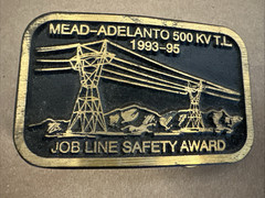 Vtg Solid Brass Belt Buckle Mead-Adelanto 500 KV T.L. Job Line Construction Dyna