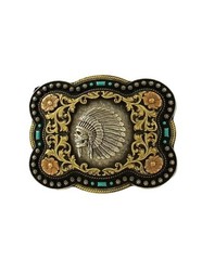 Men&rsquo;s Western Belt Buckle – Antique Silver Indian Chief Skull Floral Scroll Desi