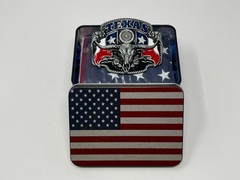 Texas Pride Belt Buckle with USA Flag Container – Western Belt Buckles for Men