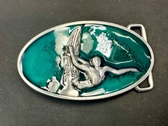 Surfer Riding A Wave Hang 10 Oval Aqua Ocean Sea Blue Color Belt Buckle