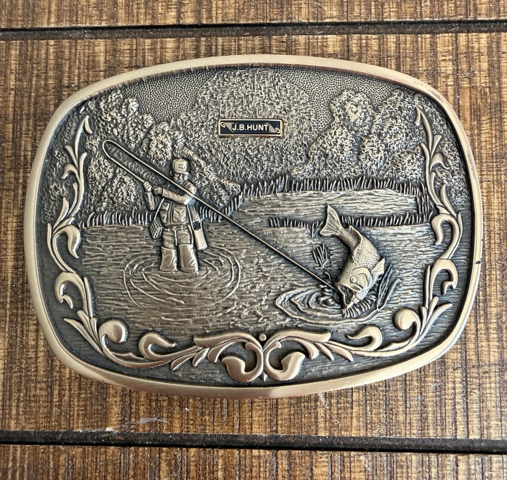 Vintage 1981 J.B. Hunt O.C. Tanner Solid Brass Belt Buckle Fly Fishing Trucker