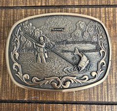 Vintage 1981 J.B. Hunt O.C. Tanner Solid Brass Belt Buckle Fly Fishing Trucker