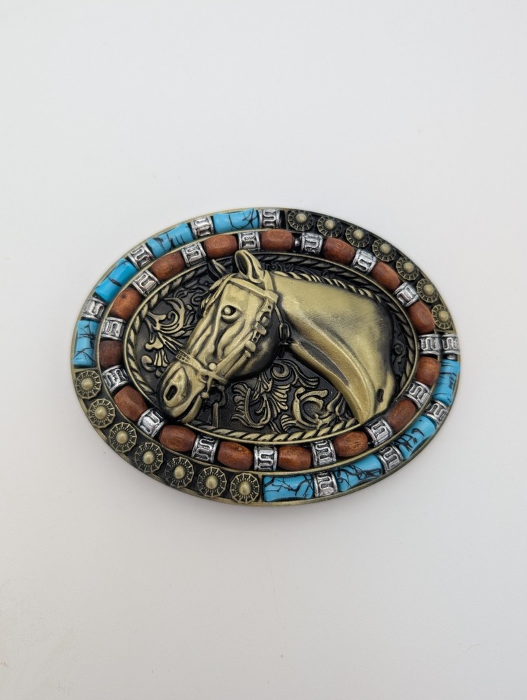 Brass Finish 4&Prime; Buckle Western Belt Buckle W/ Turquoise Stone Big Horse