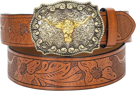 Western-PU-Leather-Belts For Men And Women Cowboy-Cowgirl Longhorn 33-36“ Waist