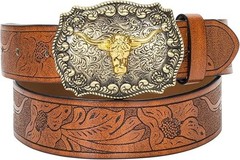 Western-PU-Leather-Belts For Men And Women Cowboy-Cowgirl Longhorn 33-36“ Waist