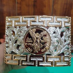 Centenario Cowboy Belt Buckle Western Rodeo Silver & Rose Gold Faux 50 Peso