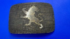 Heraldic Rampant Lion Grid Pattern Brass Tone Belt Buckle, Made in Italy