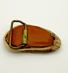 Vintage Antler Burr w/ Inlaid Wood Turquoise & Brass w Leather Back Belt Buckle