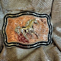Running horse Western belt Buckle Rose Tone silver 1.5 2 » belt 4.5 x 3.5 inch