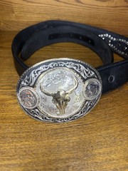 Montana Silversmiths Two-Tone Buffalo Nickel Belt Buckle with Longhorn Skull