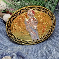 KIDS belt Buckle Saint jude San Judas Western Buckle Gold Tone & Silver Oval