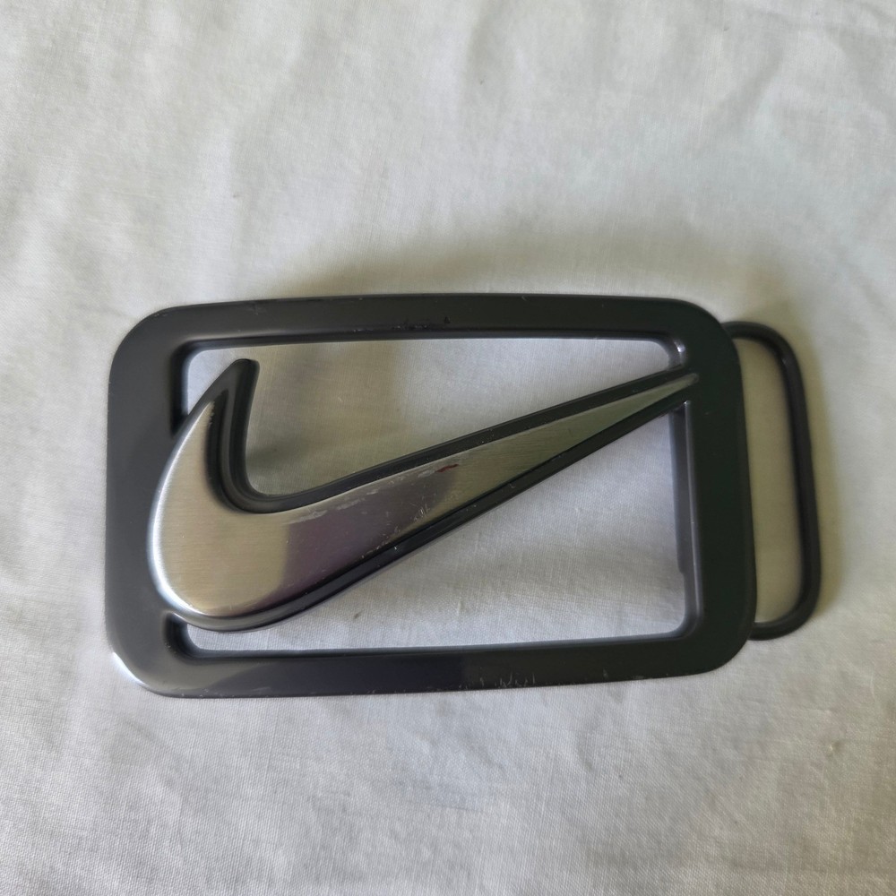 Nike Swoosh Logo Belt Buckle Gunmetal Silver Tone Rectangular Golf Athletic Mens