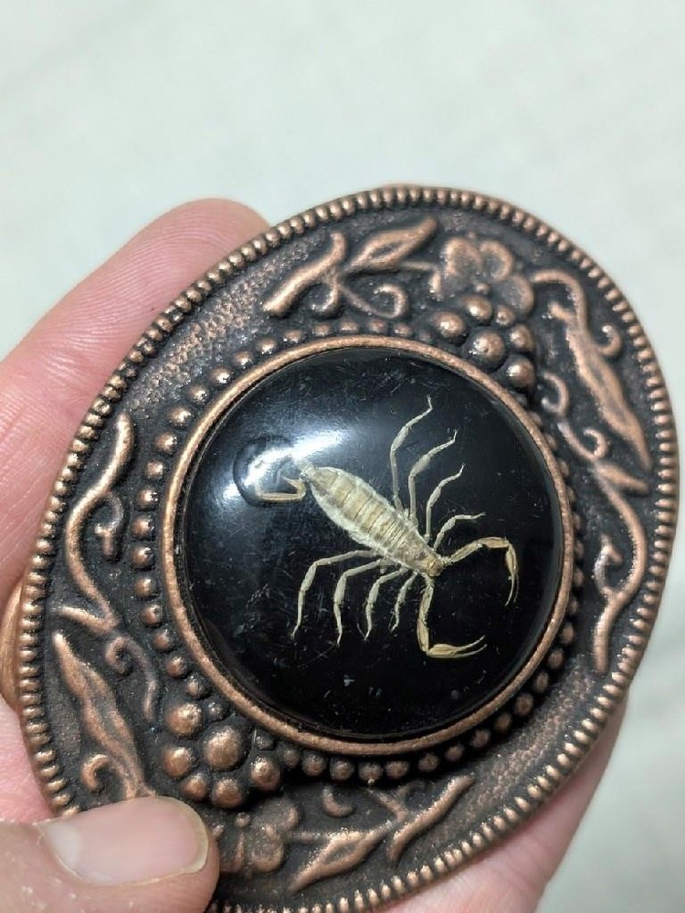 vintage USA made SCOROPION belt buckle WESTERN epoxy COWBOY copper engraved